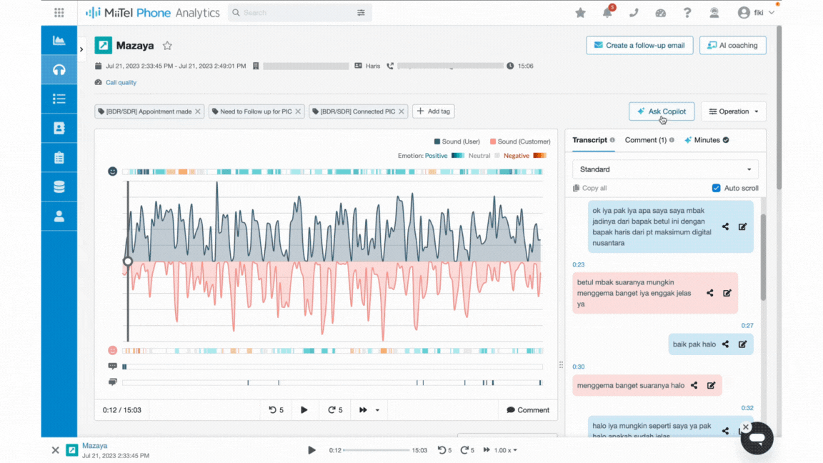 contoh penggunaan MiiTel Copilot